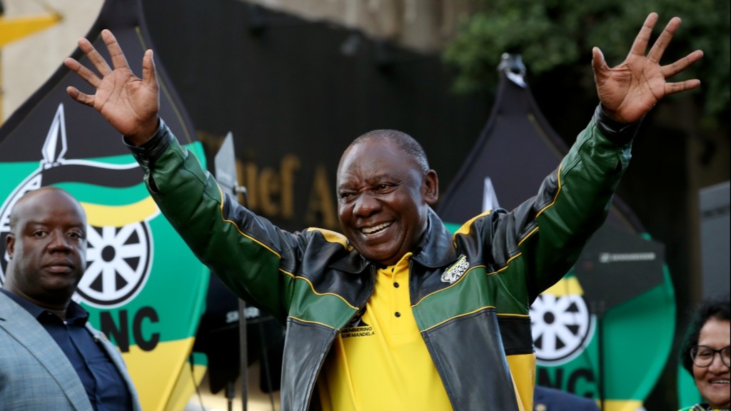 President Cyril Ramaphosa waves to supporters of his ruling African National Congress (ANC) at an election victory rally in Johannesburg, South Africa, on May 12, 2019. Mike Hutchings/Reuters 